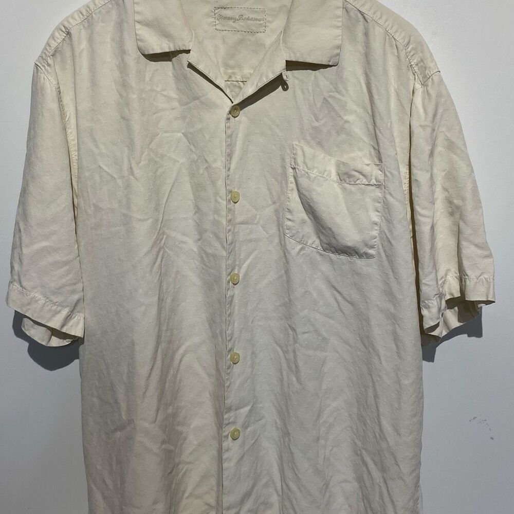 Tommy Bahama Men's Yellow Silk Short Sleeve Collared Button Up Shirt Size Large